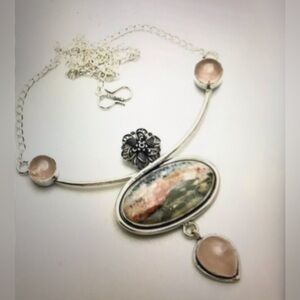 Ocean Jasper Rose Quartz Stamped 925 Sterling Silver Necklace